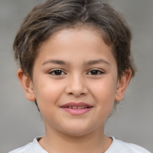 Joyful white child female with short  brown hair and brown eyes