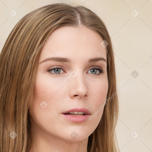 Neutral white young-adult female with long  brown hair and brown eyes