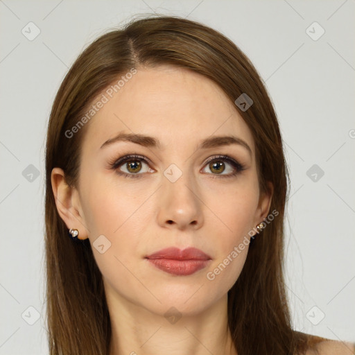 Neutral white young-adult female with long  brown hair and brown eyes