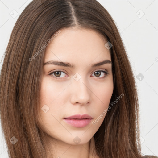 Neutral white young-adult female with long  brown hair and brown eyes