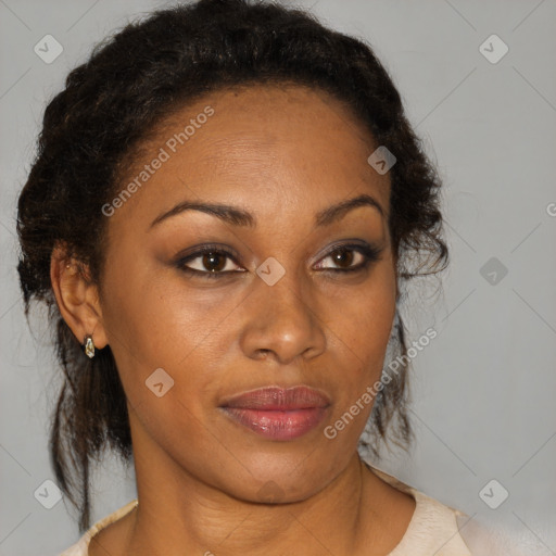 Joyful black young-adult female with medium  brown hair and brown eyes