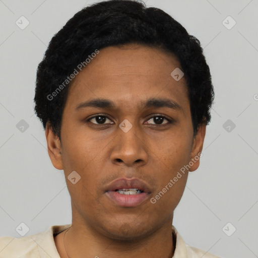 Neutral latino young-adult male with short  black hair and brown eyes