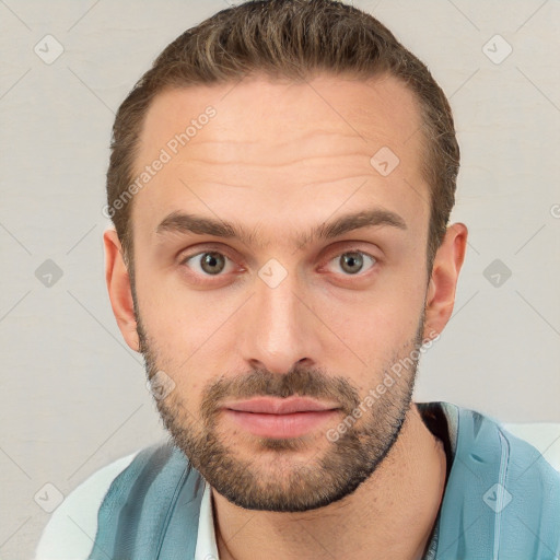 Neutral white young-adult male with short  brown hair and brown eyes