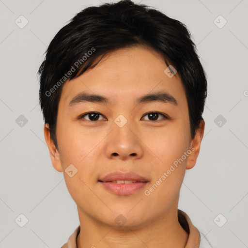 Joyful asian young-adult male with short  black hair and brown eyes