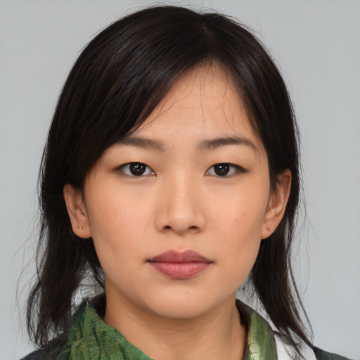 Neutral asian young-adult female with medium  black hair and brown eyes