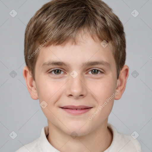 Joyful white child male with short  brown hair and brown eyes