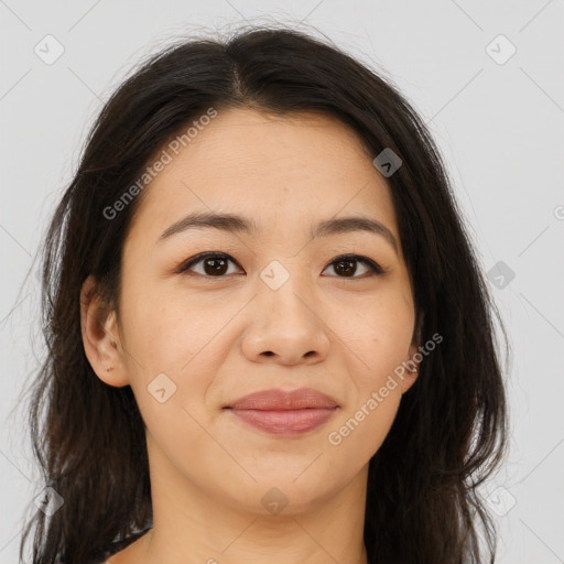 Joyful asian young-adult female with long  brown hair and brown eyes