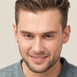 Joyful white young-adult male with short  brown hair and brown eyes