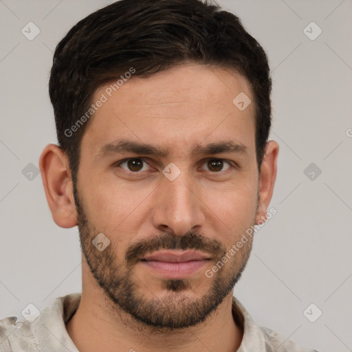 Joyful white young-adult male with short  brown hair and brown eyes