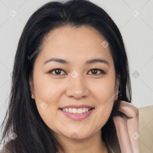 Joyful asian young-adult female with long  brown hair and brown eyes