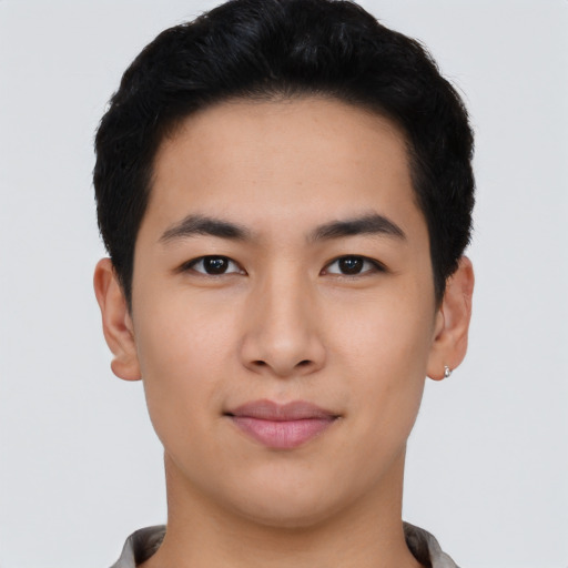 Neutral asian young-adult male with short  black hair and brown eyes