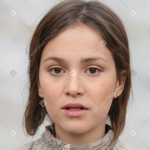 Neutral white young-adult female with medium  brown hair and grey eyes
