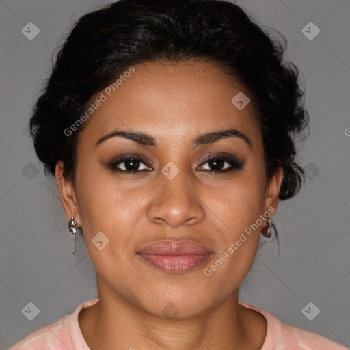 Joyful latino young-adult female with short  brown hair and brown eyes