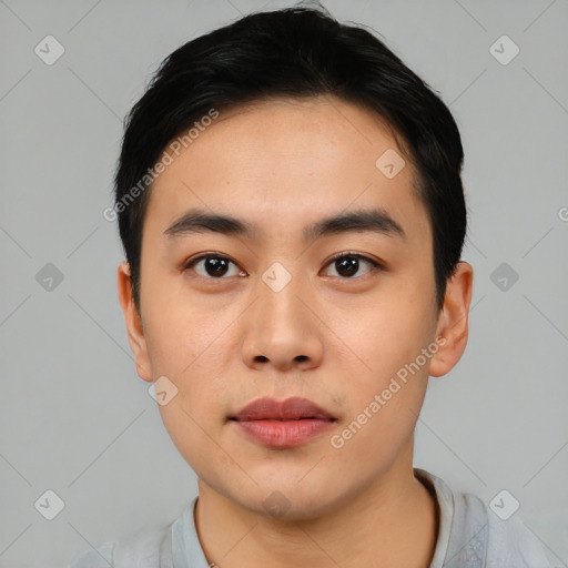 Neutral asian young-adult male with short  black hair and brown eyes