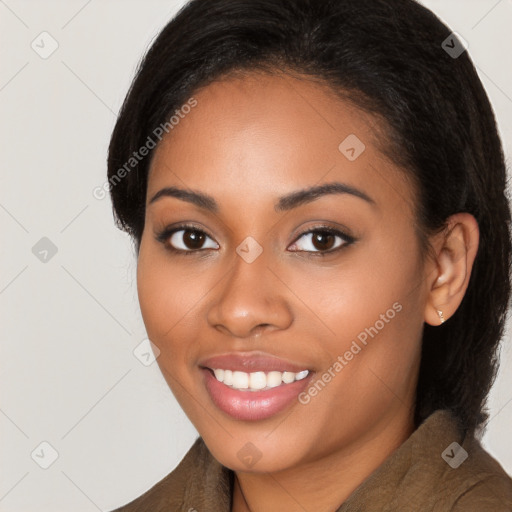 Joyful latino young-adult female with long  black hair and brown eyes