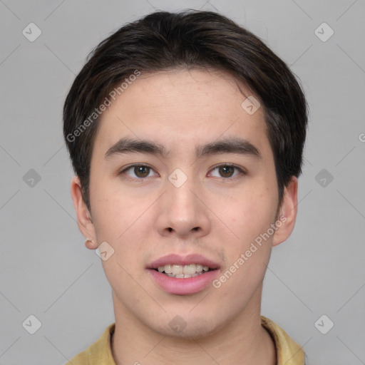 Joyful white young-adult male with short  brown hair and brown eyes