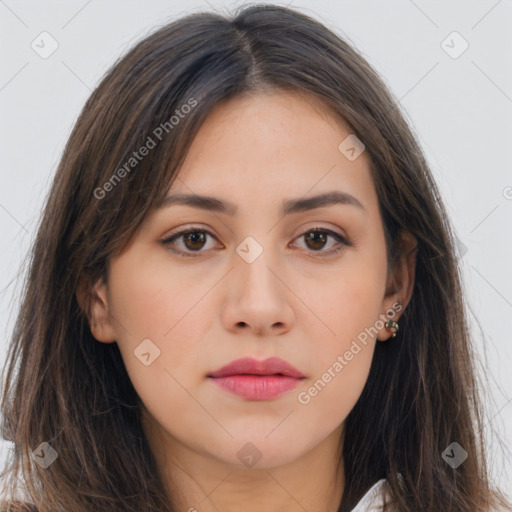 Neutral asian young-adult female with long  brown hair and brown eyes