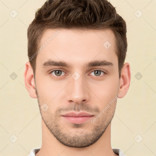 Neutral white young-adult male with short  brown hair and brown eyes