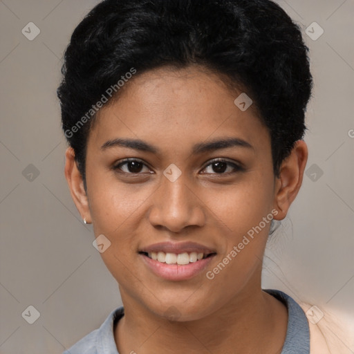 Joyful latino young-adult female with short  black hair and brown eyes