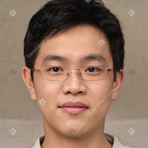 Neutral asian young-adult male with short  brown hair and brown eyes