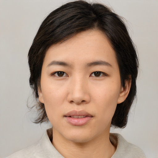 Neutral asian young-adult female with medium  brown hair and brown eyes