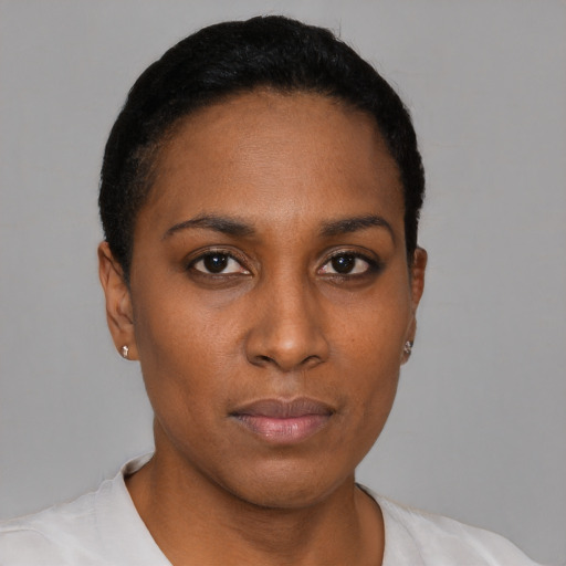 Neutral black young-adult female with short  black hair and brown eyes