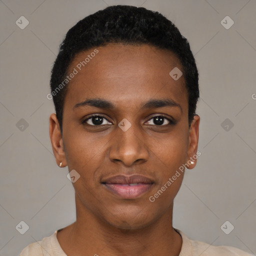 Joyful black young-adult male with short  black hair and brown eyes