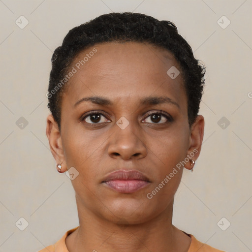 Neutral black young-adult female with short  brown hair and brown eyes