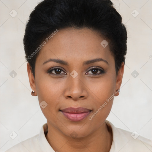 Joyful latino young-adult female with short  brown hair and brown eyes