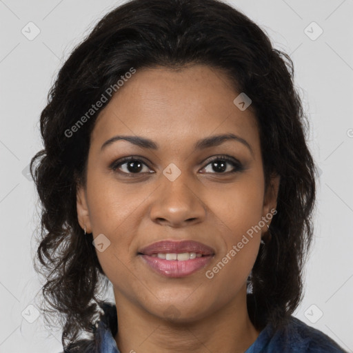 Joyful black young-adult female with medium  brown hair and brown eyes