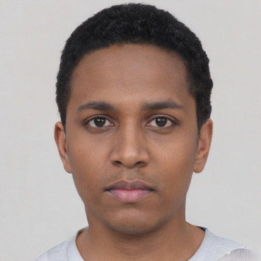 Neutral black young-adult male with short  black hair and brown eyes