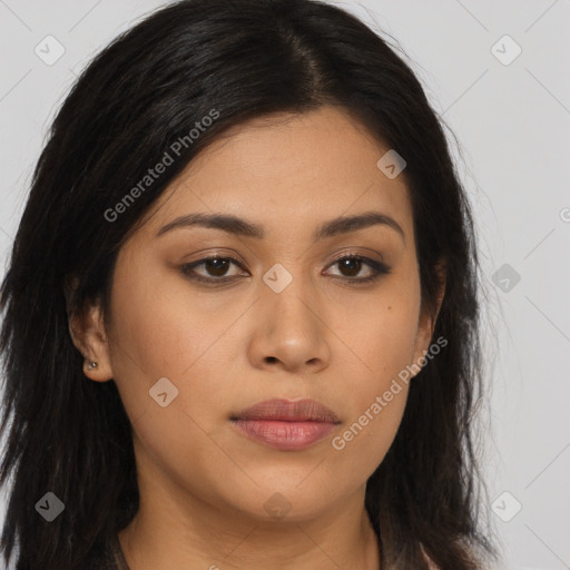 Joyful asian young-adult female with long  brown hair and brown eyes