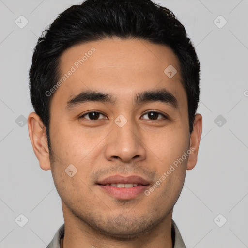 Joyful latino young-adult male with short  black hair and brown eyes