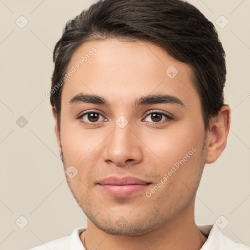 Joyful white young-adult male with short  brown hair and brown eyes