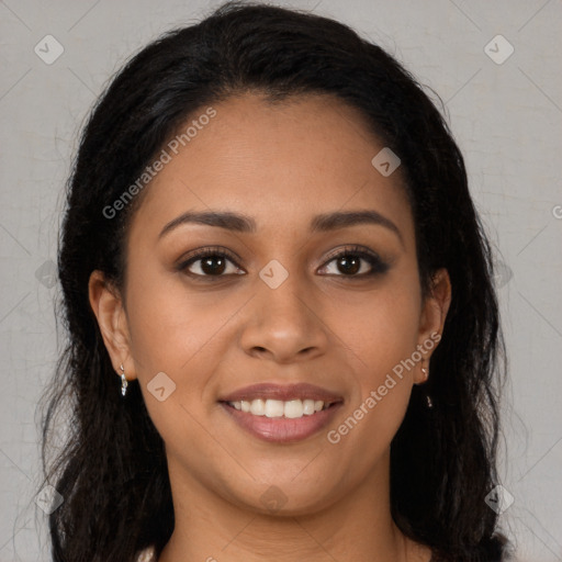 Joyful latino young-adult female with long  brown hair and brown eyes