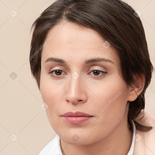 Neutral white young-adult female with medium  brown hair and brown eyes