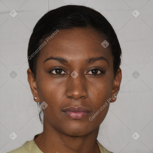 Neutral black young-adult female with short  black hair and brown eyes