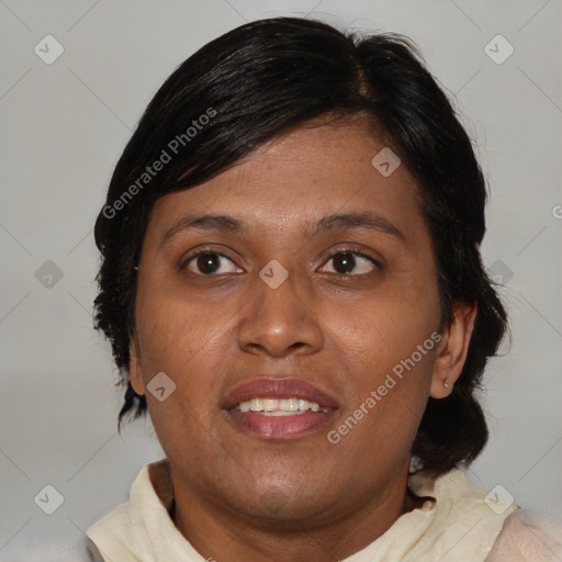 Joyful asian adult female with medium  brown hair and brown eyes