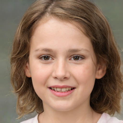 Joyful white child female with medium  brown hair and brown eyes