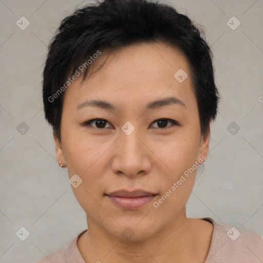 Neutral asian young-adult female with short  black hair and brown eyes