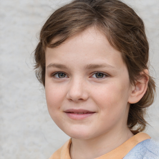 Joyful white child female with medium  brown hair and grey eyes