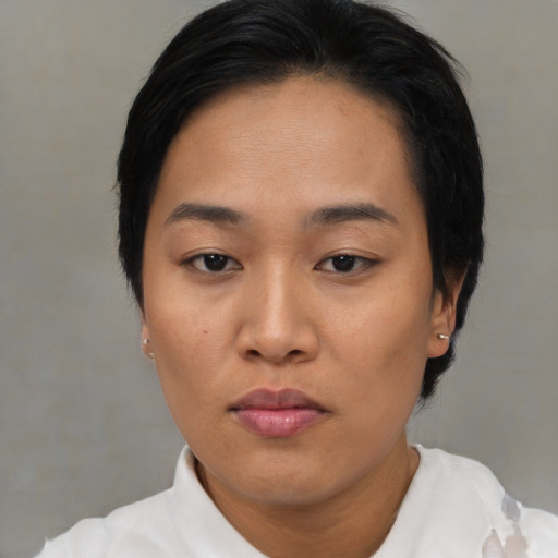 Neutral asian young-adult female with short  black hair and brown eyes