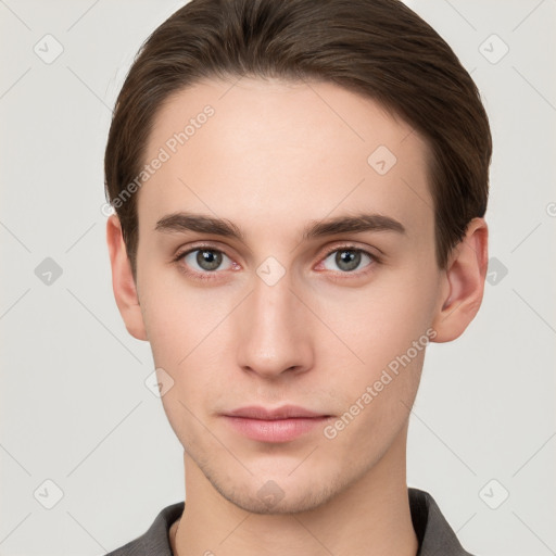 Neutral white young-adult male with short  brown hair and brown eyes