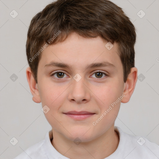 Joyful white child male with short  brown hair and brown eyes