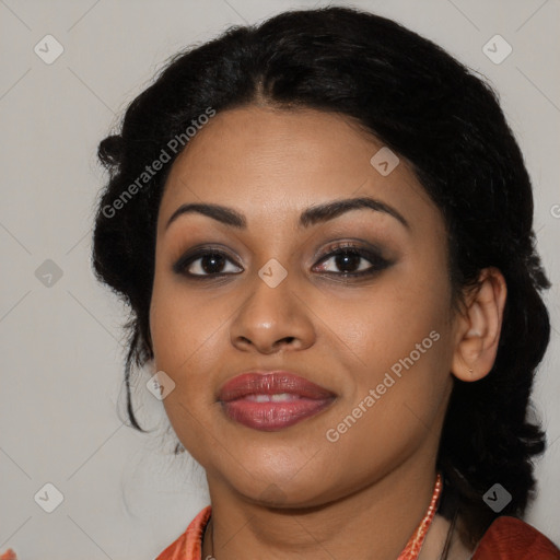 Joyful latino young-adult female with long  black hair and brown eyes