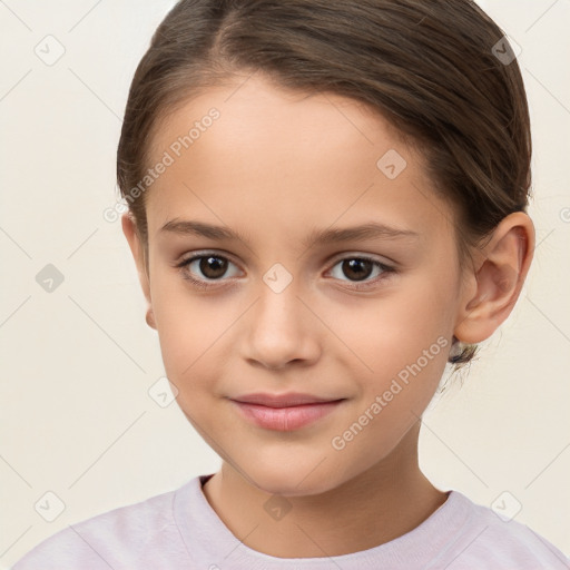 Joyful white child female with short  brown hair and brown eyes