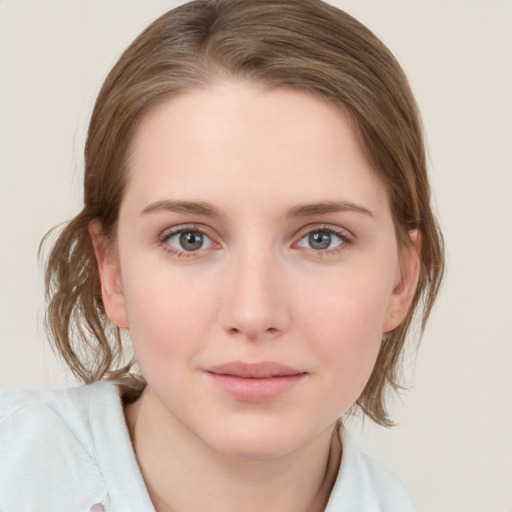 Neutral white young-adult female with medium  brown hair and blue eyes