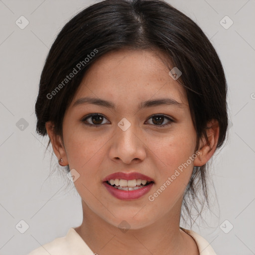 Joyful asian young-adult female with medium  brown hair and brown eyes