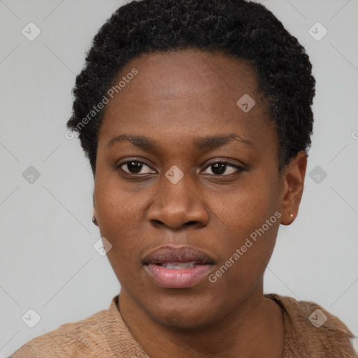 Neutral black young-adult female with short  black hair and brown eyes