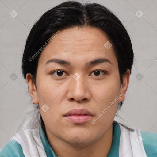 Joyful asian young-adult female with medium  brown hair and brown eyes